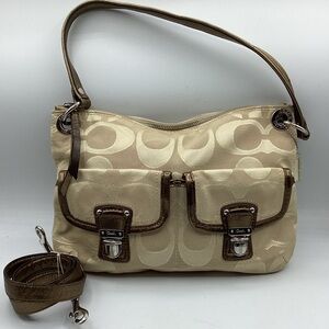 Coach Signature Jacquard Shoulder Bag Beige Gold Trim